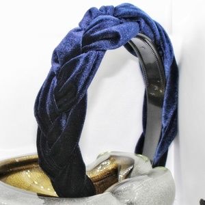Blue Braided Velvet Headband - Hand Made + Puffy